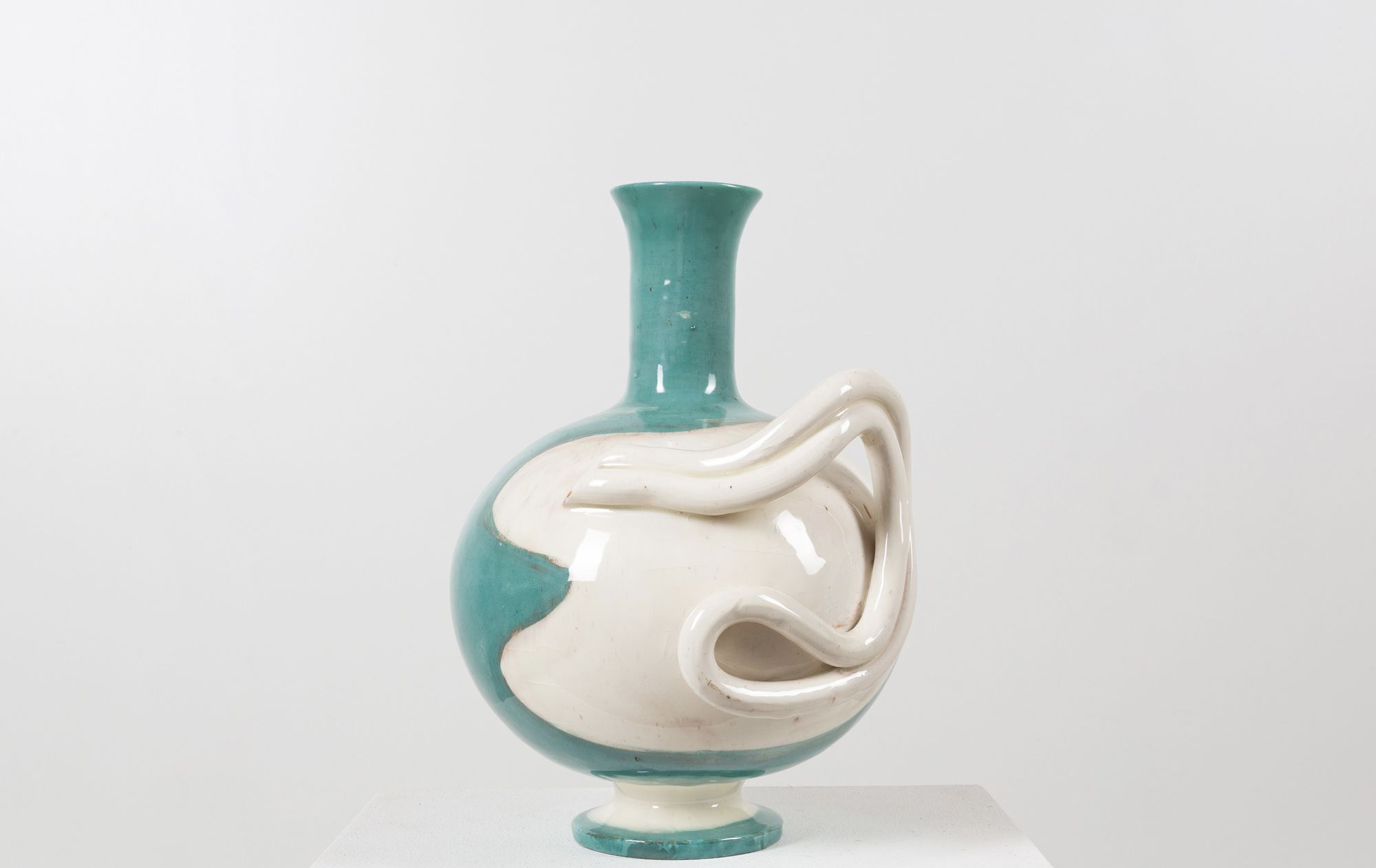 Rare large jug with "snake" handle by ceramist Margrit Linck